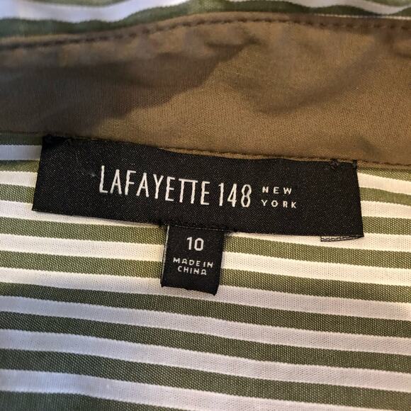 Lafayette 148 olive green white striped button down top size 10 - Picture 6 of 13